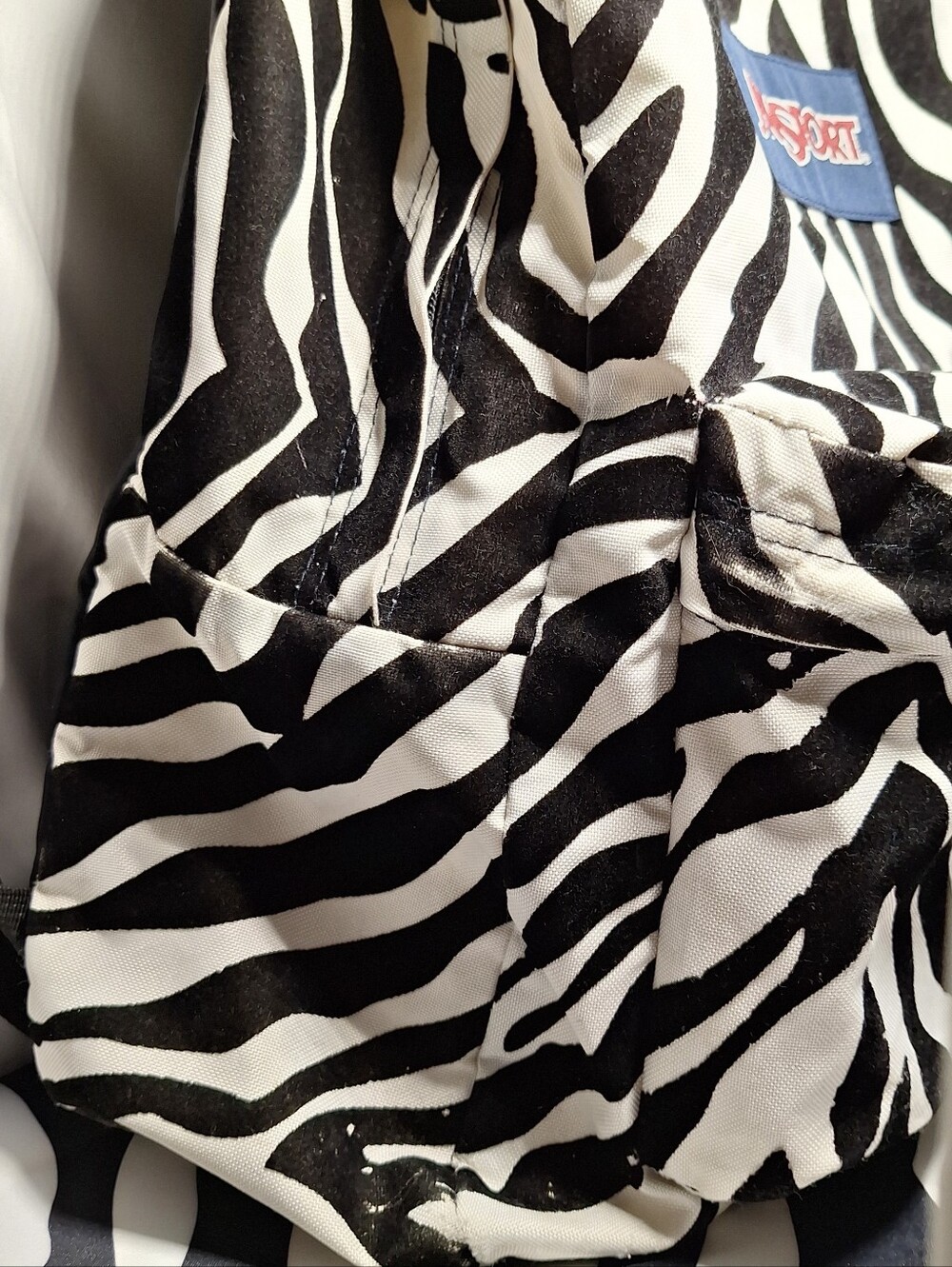 Jansport Backpack Zebra Black White, w/ Velvet-Like Soft Fuzzy Black Stripes - Picture 3 of 15